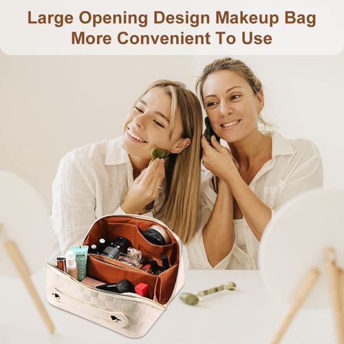Large Capacity Travel Cosmetic Bag Plaid Checkered Makeup Bag Portable Leathe... - Picture 9 of 9