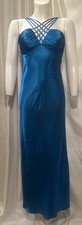 VTG 90s Y2K Prom Cache Blue Satin Ruched Rhinestone Halter Formal Maxi Dress