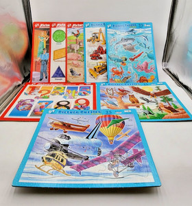 8 Vtg Patch Tray Puzzles All Complete. 25 pcs 3-7 yrs Blue Red Shapes Numbers EC