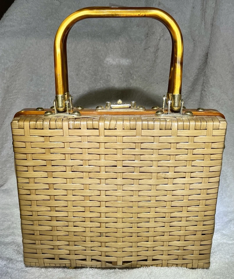 BOLSO DE MANO VINTAGE STYLECRAFT LUCITE AÑOS 50 ÁMBAR PERLA Y CESTA DE MIMBRE MCM Foto 2 de 4