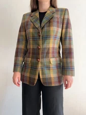 Vintage Daks Signature Women's Wool Plaid Check Blazer Jacket 3 Button GB12 US8