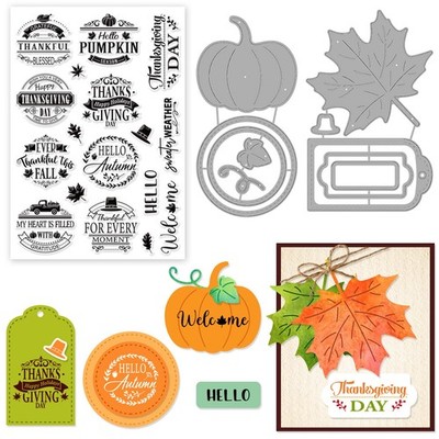 Autumn Greeting Words Clear Stamps and Dies Set, Thanksgiving Sentiment Words...