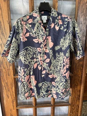 H&M Casual Shirts Top Size M Mens Blue Short Sleeve Animal Print Cotton
