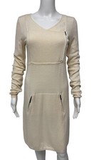 BCBGMaxazria Women's Long Sleeve Cream V-Neck Knee Length Sweater Dress Size M