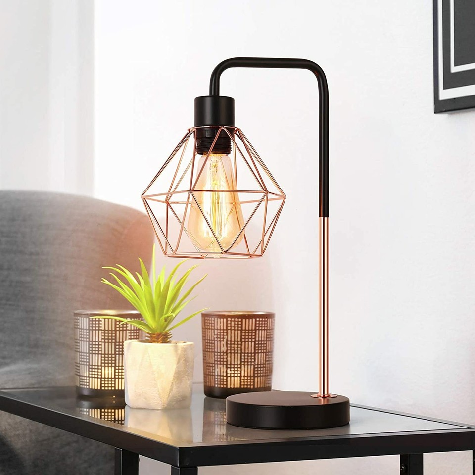 Industrial Table Lamp Rose Gold Bedside Lamp Geometric Cage Shade for