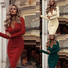 Party Cocktail Club V Neck Long Sleeve Evening Casual Mini Dress Womens Bodycon