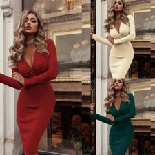 Party Cocktail Club V Neck Long Sleeve Evening Casual Mini Dress Womens Bodycon