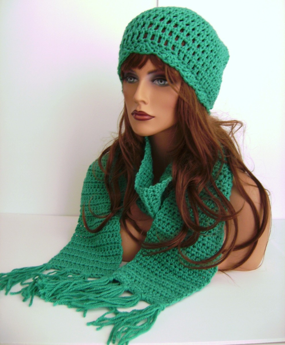 JADE GREEN HAND CROCHET HAT AND SCARF SET HAND MADE BEANIE CLOCHE