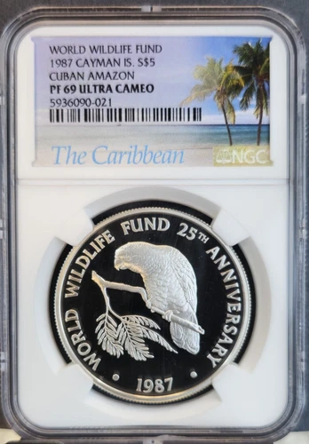 1987 CAYMAN ISLANDS SILVER 5 DOLLARS AMAZON PARROT NGC PF 69 ULTRA CAMEO