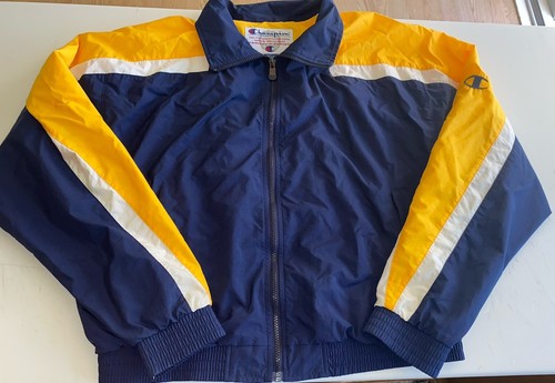 Champion Vintage Blue Yellow Nylon Jacket Zip Up Pockets Mesh Lining Mens Large - Picture 2 of 9