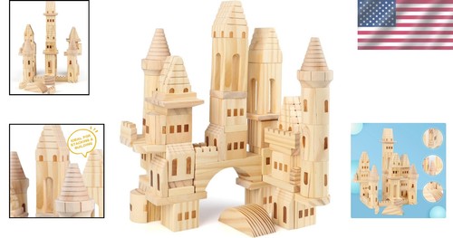Natural Pine Wood Castle Building Blocks - 75PCS Set for Imaginative Play - Picture 2 of 10