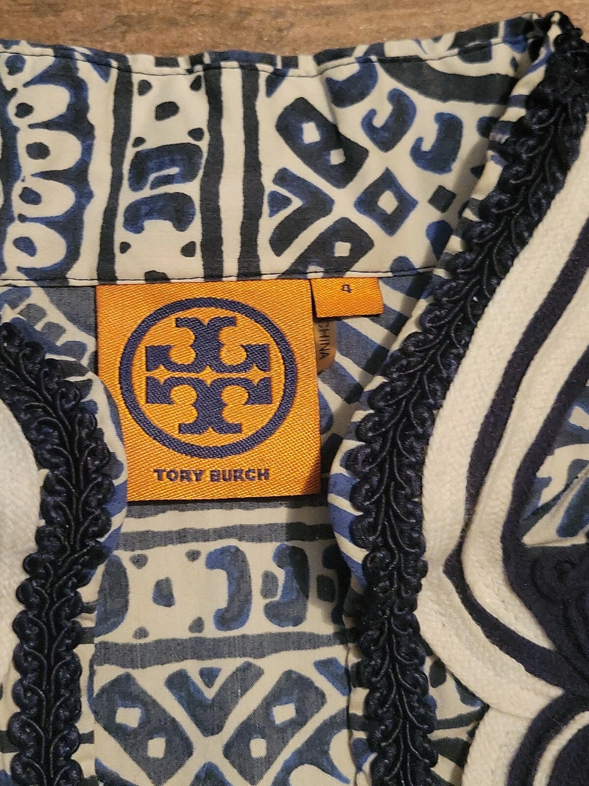 Tunica da spiaggia Tory Burch Midi da donna blu e bianca taglia 4 motivo floreale azteco