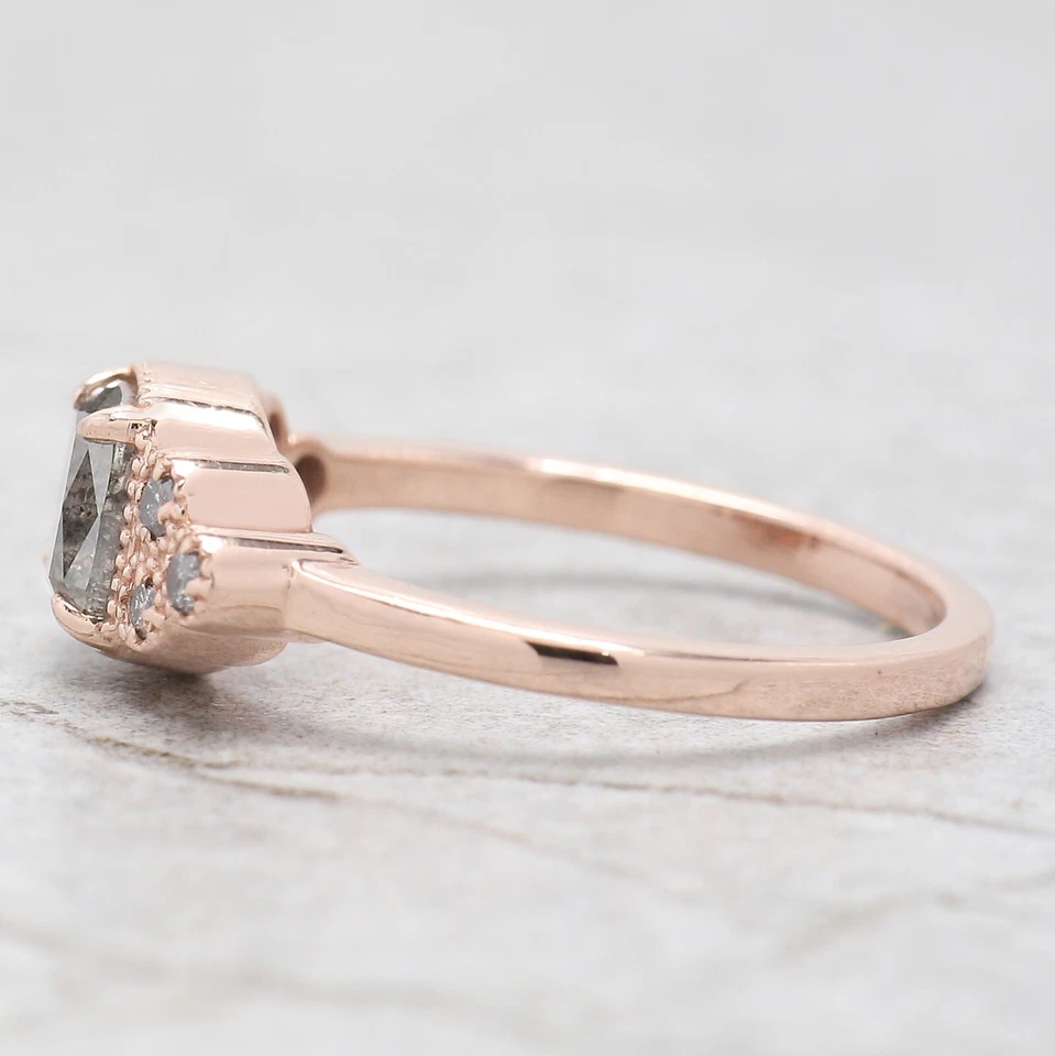 0.95 Ct Cushion Salt And Pepper Diamond Ring 14K Rose Gold Engagement Gift Ring - Image 3 of 4