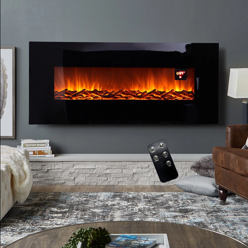 50 inch Wall Mounted Electric Fire Fireplace Black Flat Glass Warmer with  Remote | eBay
