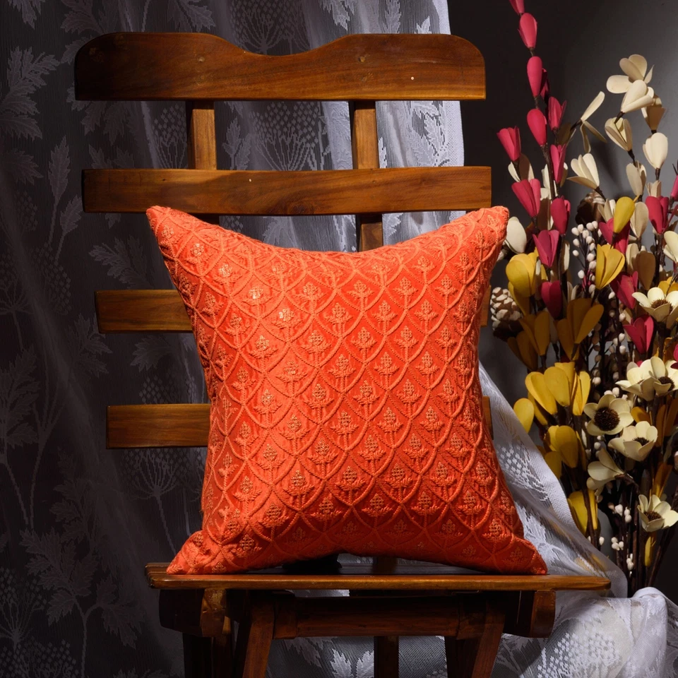 SCARLETT LINENS embroidered throw pillow 18x18 20x20 silk orange pillow cover 2p - Image 2 of 4