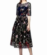 TS Couture Women's Floral Embroidered Dress 14 Black Mesh Overlay Holiday NEW
