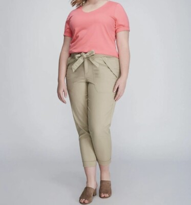NWT Lane Bryant Womens Canvas Cargo Pants Size 22 Tie Belt Pockets Cropped Tan