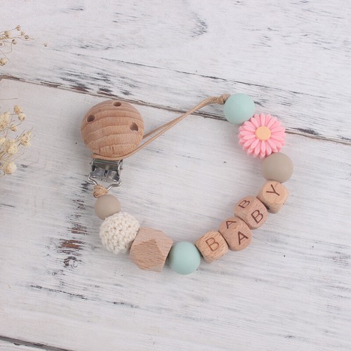 Neu Schnullerkette mit Namen Blume aus Silikon Natur Holz Junge&Mädchen Geschenk - Bild 12 von 16