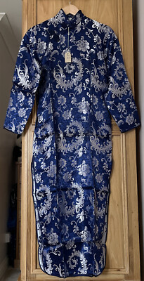 Vintage Chinesisches Party Kleid Blau 3/4 Arm Phönix Blumenmuster M / UK 8 Neu