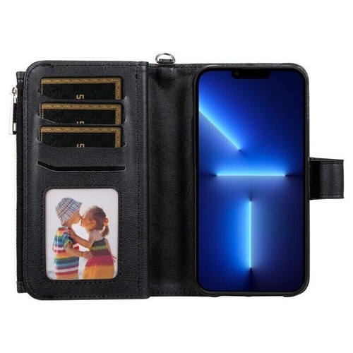 For iPhone 16e 15 14 13 12 11 Pro Max 8 Detachable Zip Leather Wallet Case Cover - Picture 34 of 91