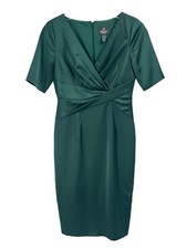 Adrianna Papell Green Satin Wrap Cocktail Dress Short Sleeve Sz 4