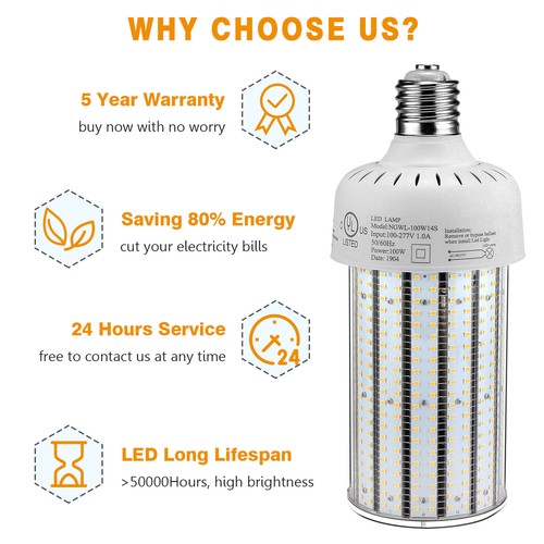 100W LED Corn Light Bulb Warehouse Parking Lot Shoebox High Bay Light E39 6000K - Picture 9 of 12