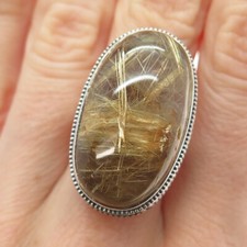 925 Sterling Silver Vintage Real Cabochon Rutilated Quartz Swirl Ring Size 9.5