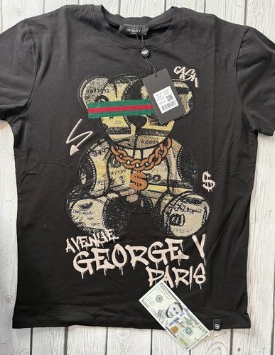 Avenue George V Paris Short Sleeves Black T-shirt Rhinestone Golden Teddy bear - Picture 4 of 12