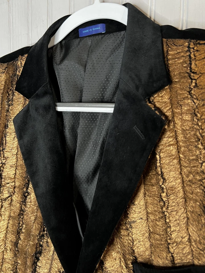 Blazer Blu Martini Para Hombres XL Negro Dorado Terciopelo Solapa Metálica Fiesta Chaqueta Esmoquin Foto 3 de 4