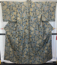 Japanese Vintage Kimono Silk Gray Tumugi Traditional Authentic Length 59 in