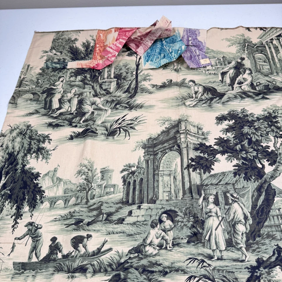 Tela acolchada vintage verde Toile de Jouy algodón neoclásico 30x35 1 yarda Foto 3 de 4