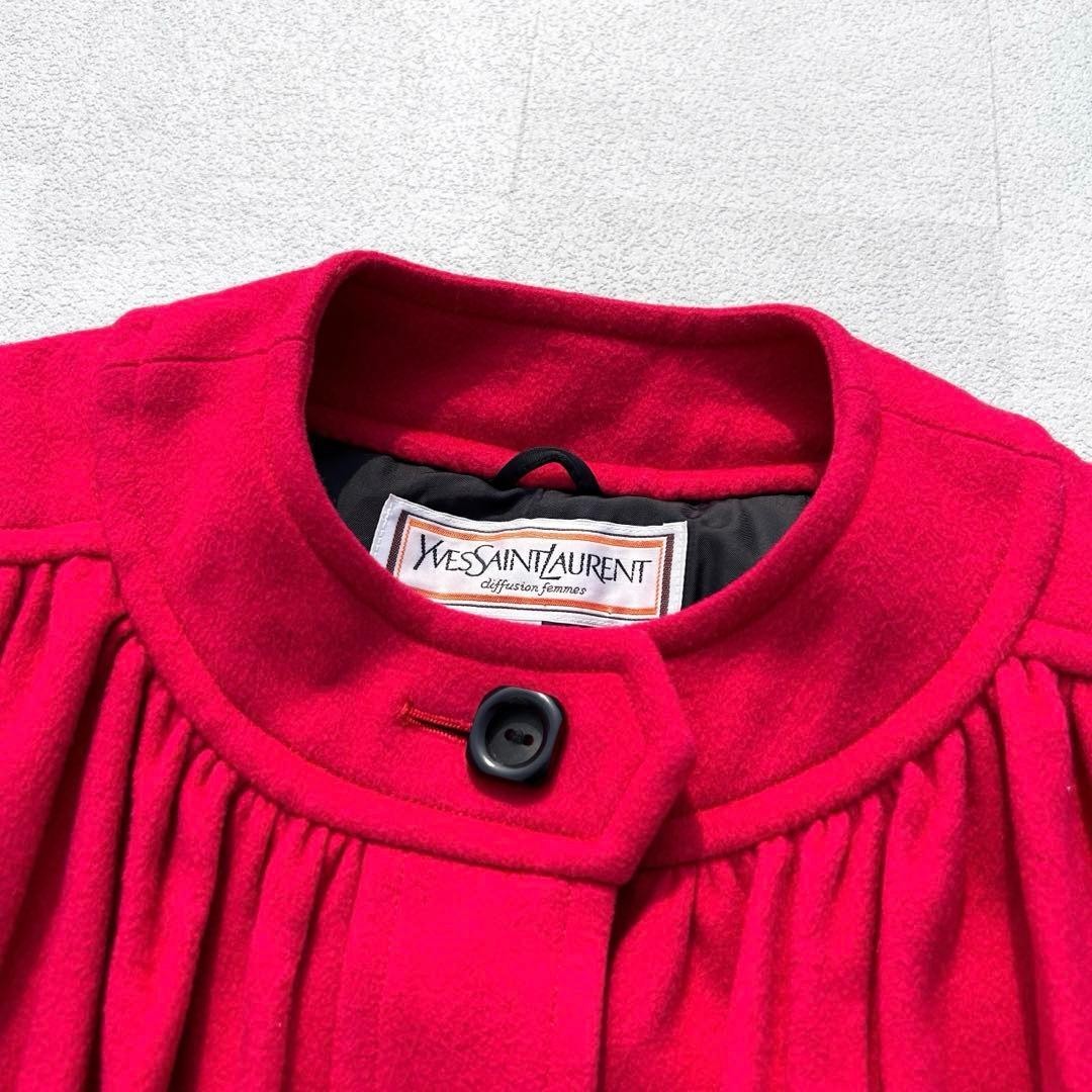 Yves Saint Laurent 90s Vintage Red Wool Pleated Gathered Wide Coat M thumbnail 9