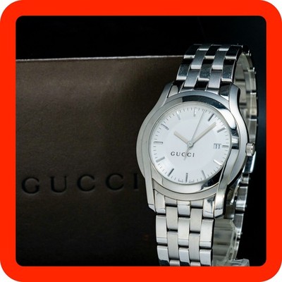 VERPACKTE [NEUWERTIG] GUCCI 5500XL weiß silber rundes Zifferblatt Datum 38 mm...