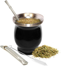 8 oz Yerba Mate Cup Kit Stainless Steel Gourd Set with 2 Bombillas Black