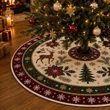 Reindeer Poinsettia Tree Skirt, Quilted Christmas Tree Skirt, Red Green Holiday