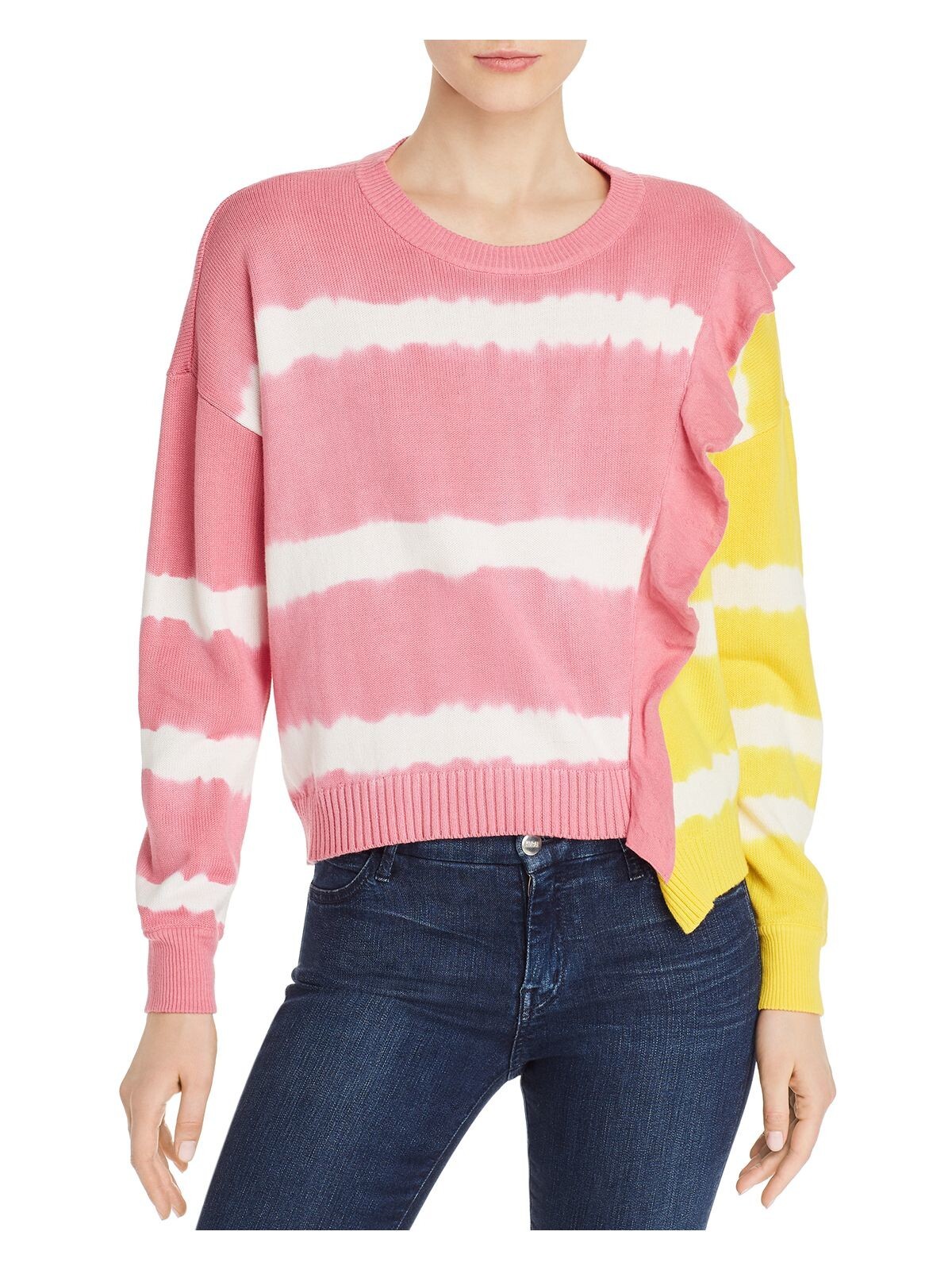 PARKER Womens Pink Ruffled Color Block Long Sleeve Scoop Neck Top Medium