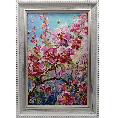 Original oil painting Flowers on a branch Impasto Miniature Signed 6*4 inches