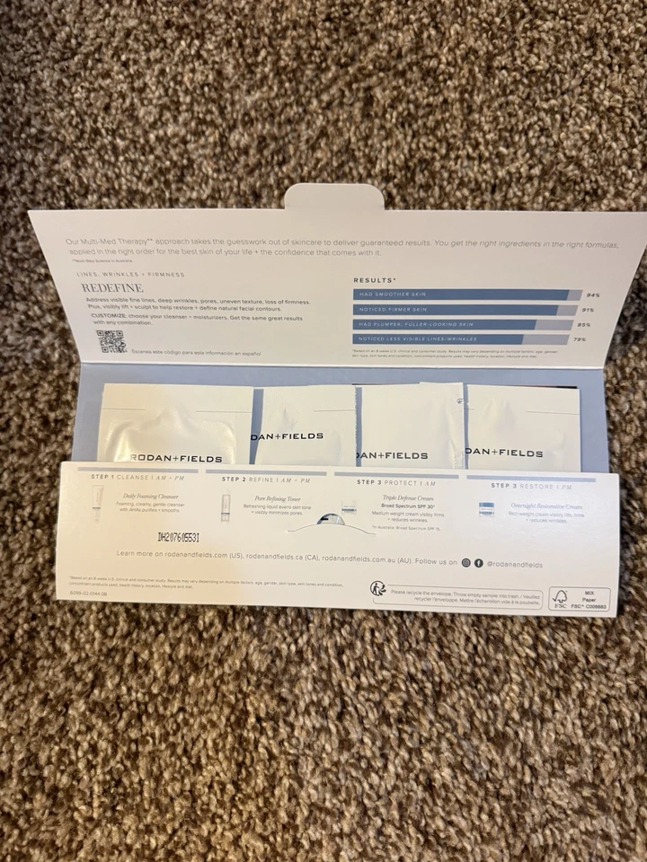 Lote de 4 Rodan + Fields Redefinir 3 Pasos Régimen Paquete de Muestra Nuevo en Paquete Viaje Foto 2 de 2