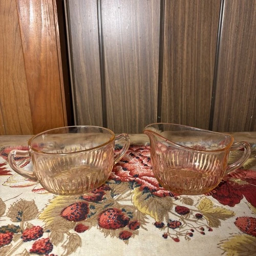 Vintage Anchor Hocking Old Colony Depression Pink Sugar Bowl and Creamer