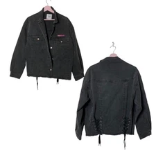 VIntage Cache Black Denim jean Jacket  back side corset lacing Small grunge