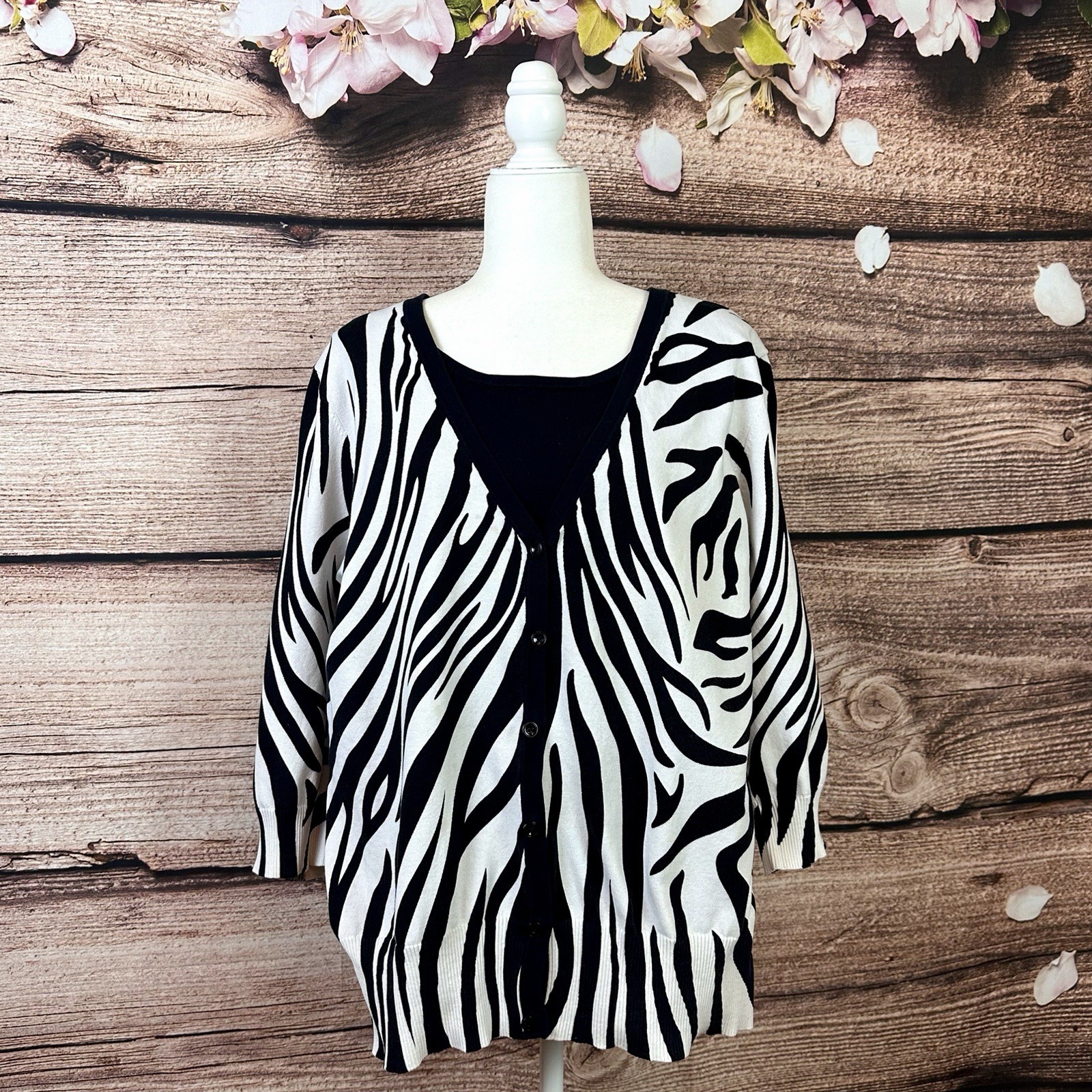 JM Collection Women’s Cotton Black White Zebra Button Down Cardigan Sweater