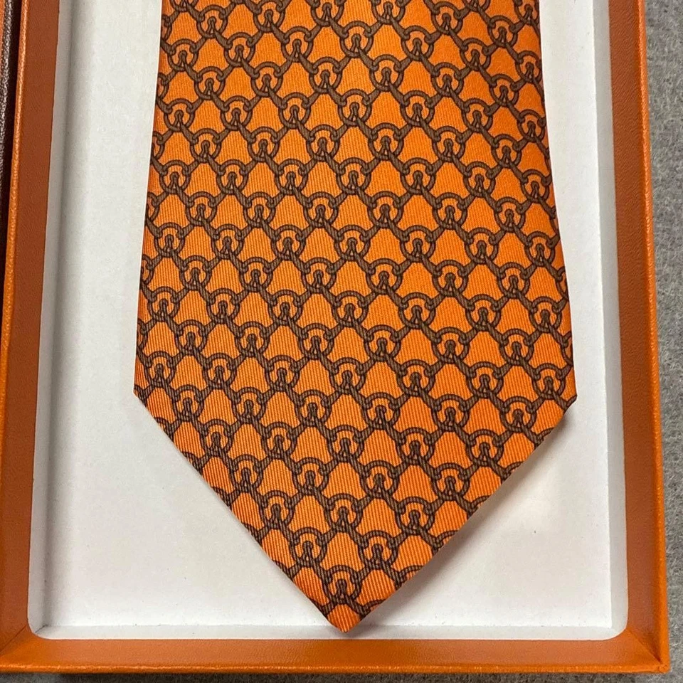HERMES Neck Tie New Unused Orange Gray Rope Check 100%Silk Made in France - Image 4 of 4