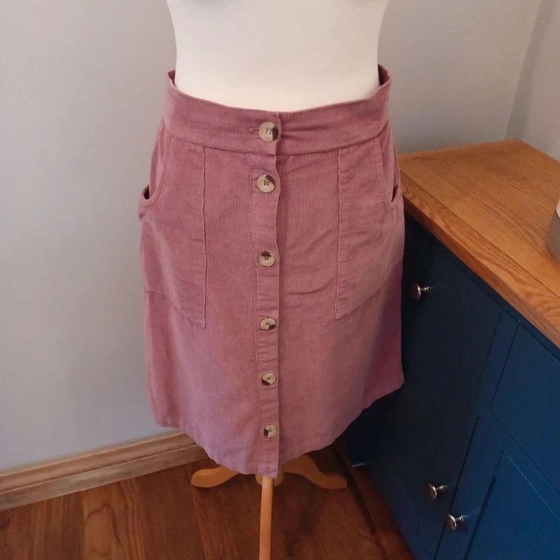 Dusky Pink Cord A-Line Button Skirt Fits 14 16 Autumn Winter Preppy - Image 2 of 4