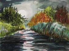 ORIGINAL Moon Landscape WATERCOLOR Painting JMW art John Williams Impressionism