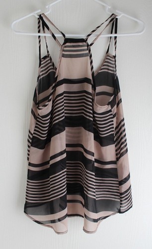 American Dream Brown/Beige Black Boho Strappy Tank Blouse Top Sz S Semi sheer - Picture 2 of 11