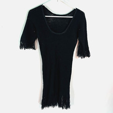 Womens Long Sleeves Black Knit Fringe Sweater Dress Size M