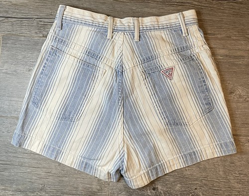 VINTAGE Guess 90’s Denim High Waisted Jean Shorts Blue and White Striped - Picture 8 of 9