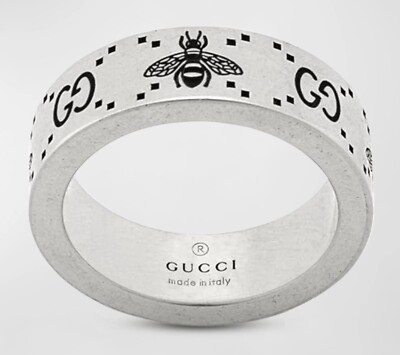 【Gucci】 GG Bee Engraved Thin Ring Silver Gucci GG and Bee Silver Medium Ring