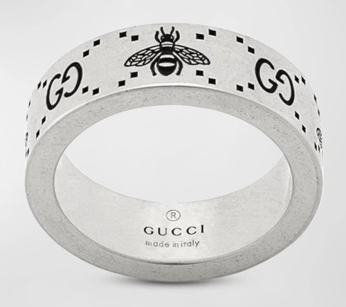 GUCCI 'GG and Bee Engraved Ring' Sterling Silver Unisex 6mm Size 20 US 9 **NWT**