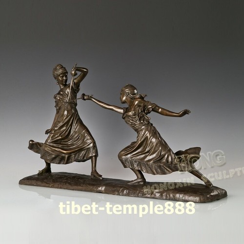 60 cm Western art deco pure bronze Two Young women Girl fencing fencer sculpture - Picture 3 of 10
